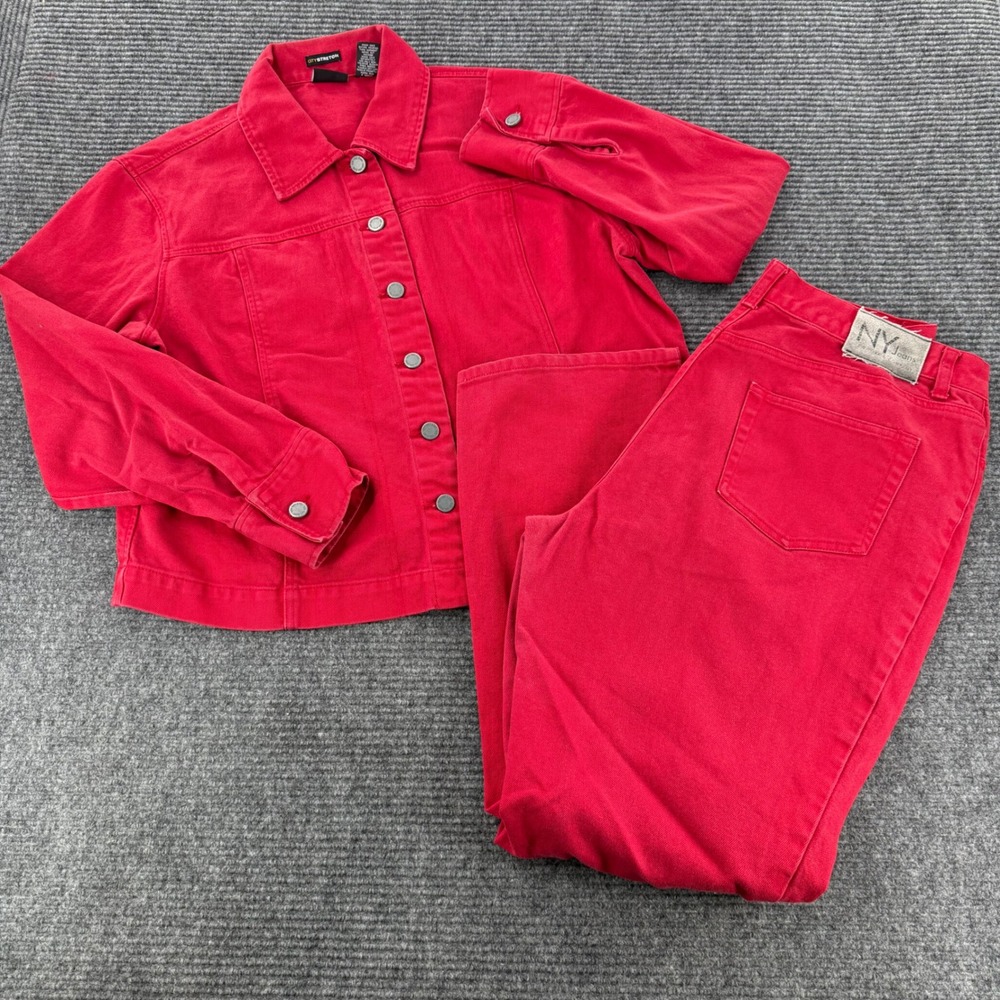 NY Jeans New York Company Womens XL Red Denim Jacket Pants 14 Stretch Set